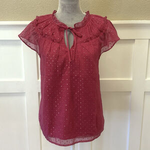 NWT Loft Pink Sequin Blouse Top Size:M Gold Metallic Lined Short Sleeves